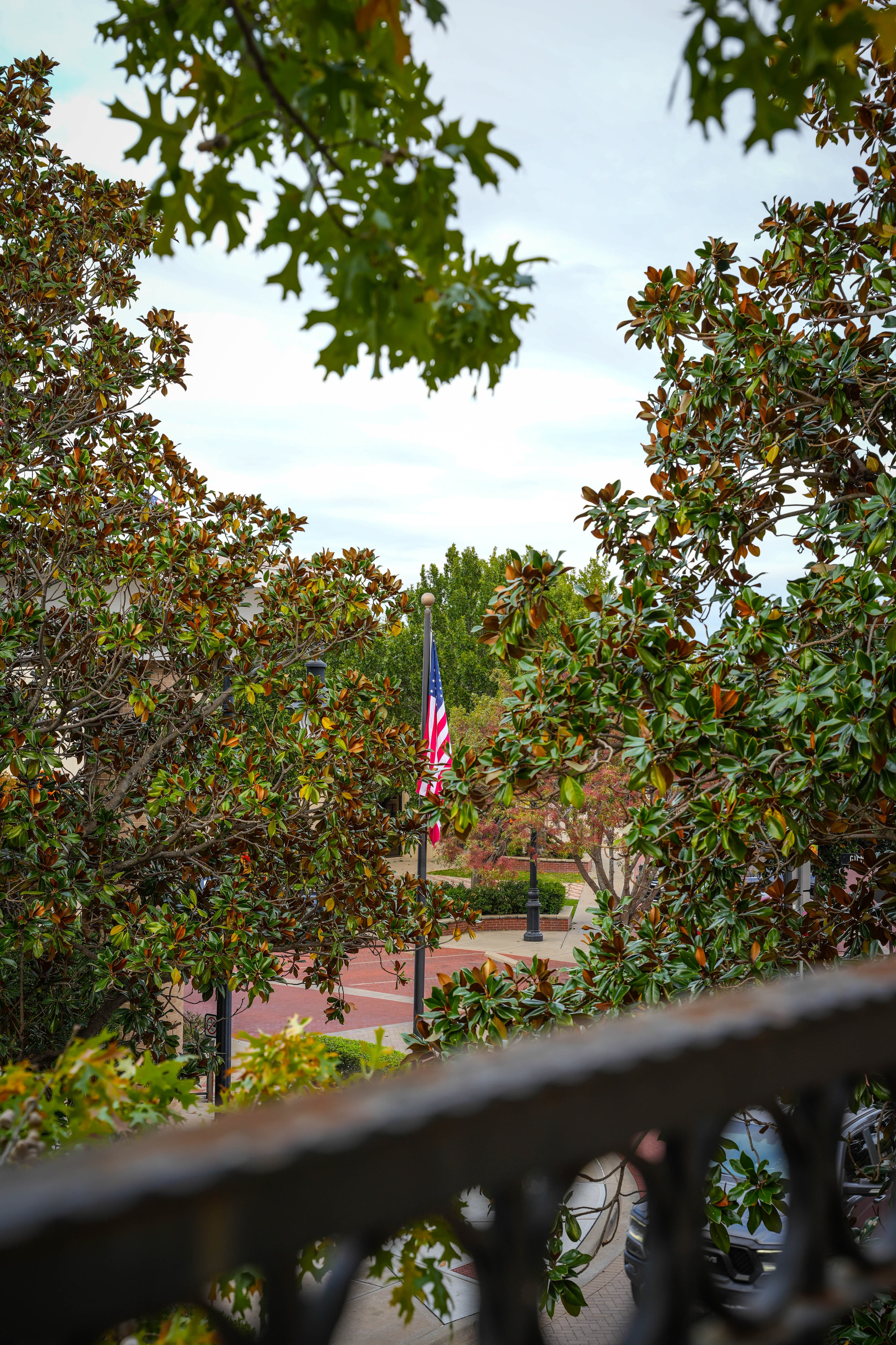 View from a balcony through dense tree foliage toward a pole flying a slightly visible American flag against a cloudy sky.